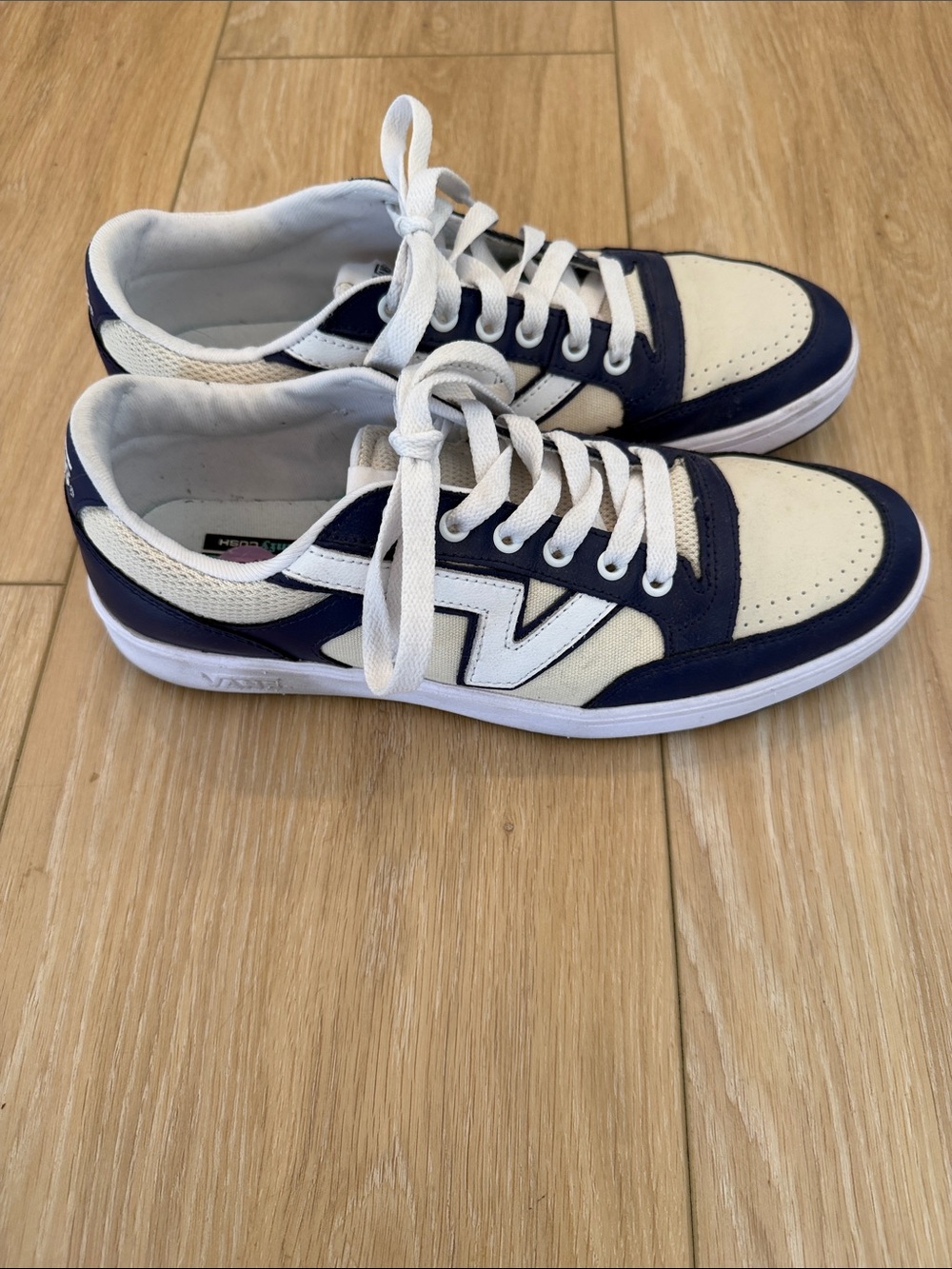 Vans Navy and Cream Low-Top Sneakers with White 'V' Logo